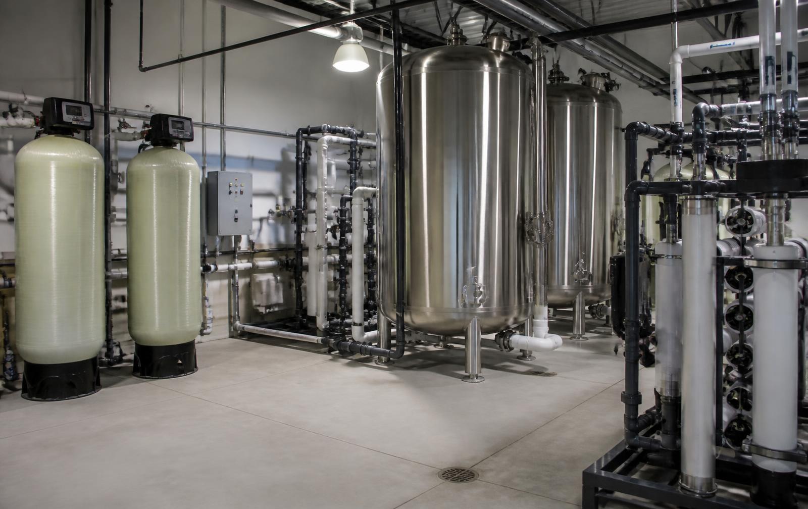 Commercial mechanical room with water treatment equipment