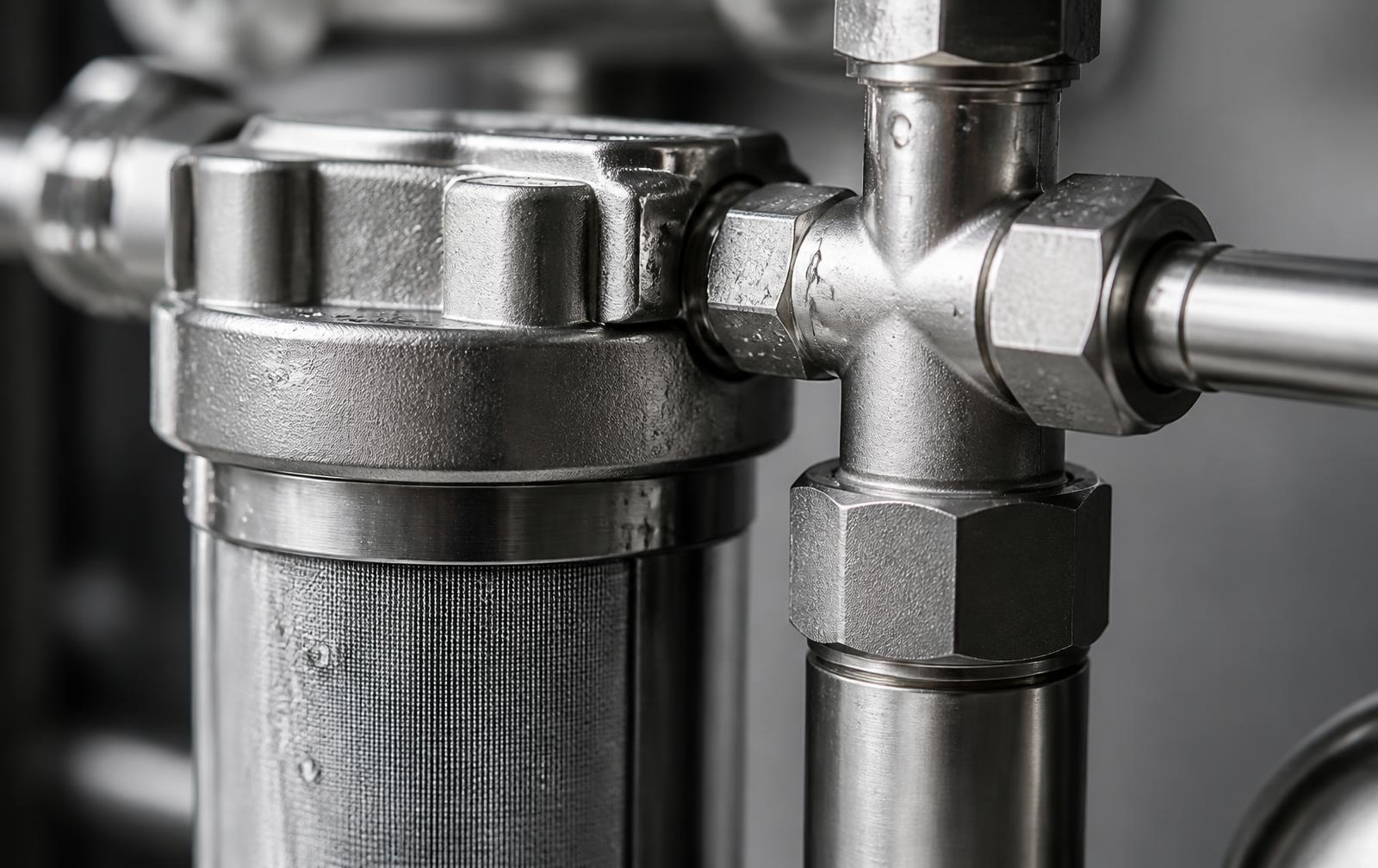 Macro detail of polished brass and stainless plumbing fittings