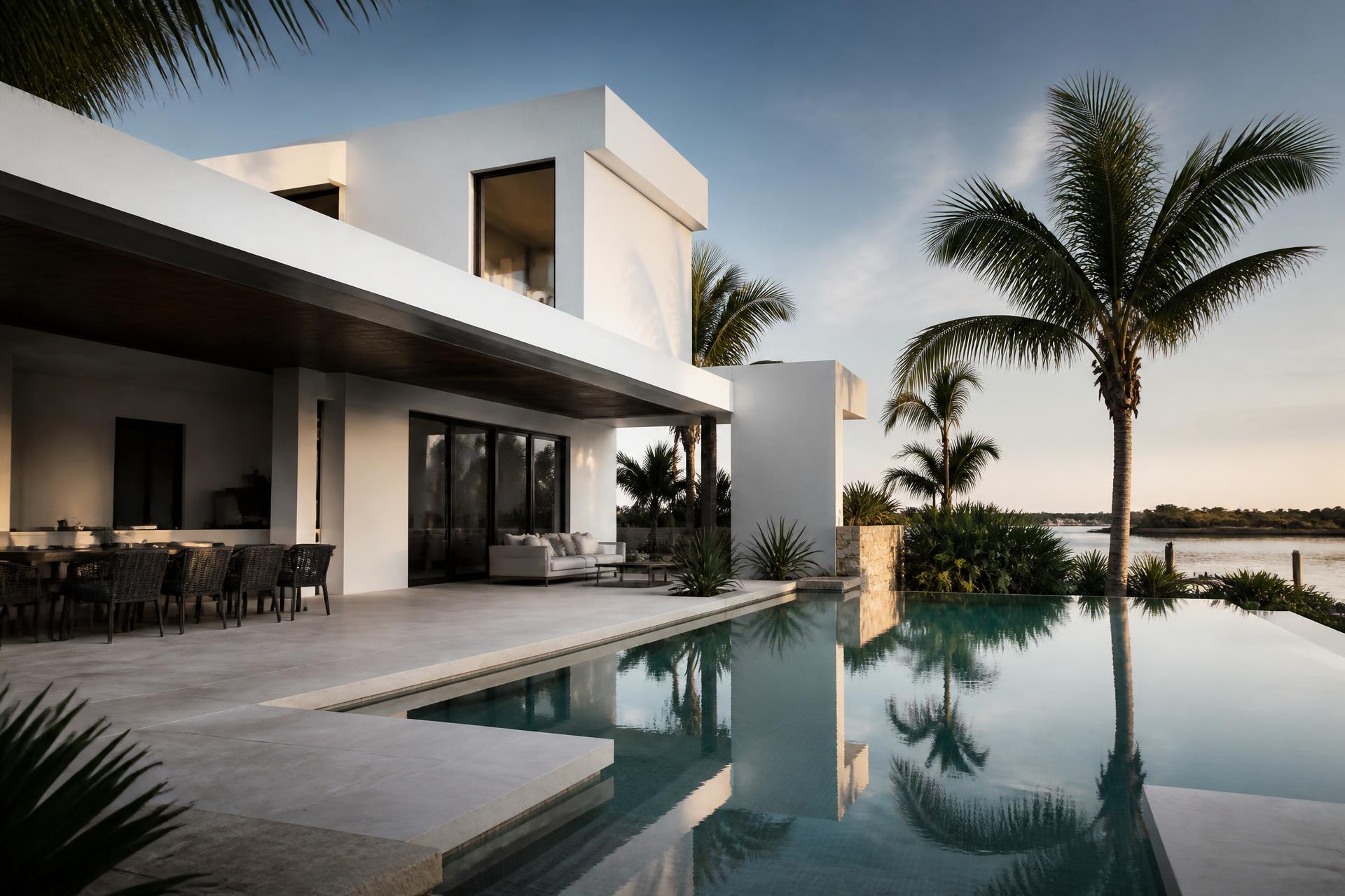 Coastal modern residence at dusk in Southwest Florida