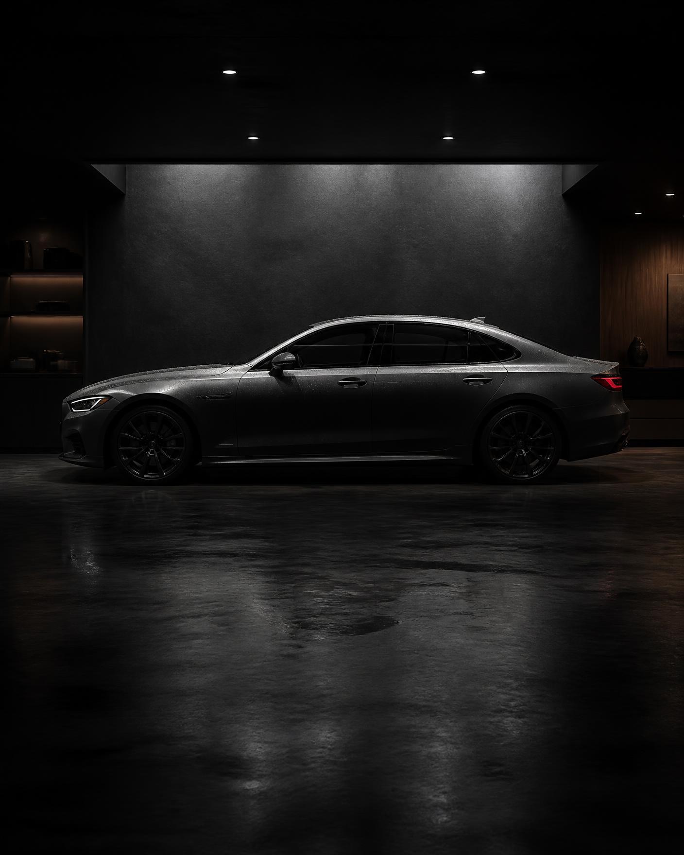 Collector vehicle in a low-lit private garage