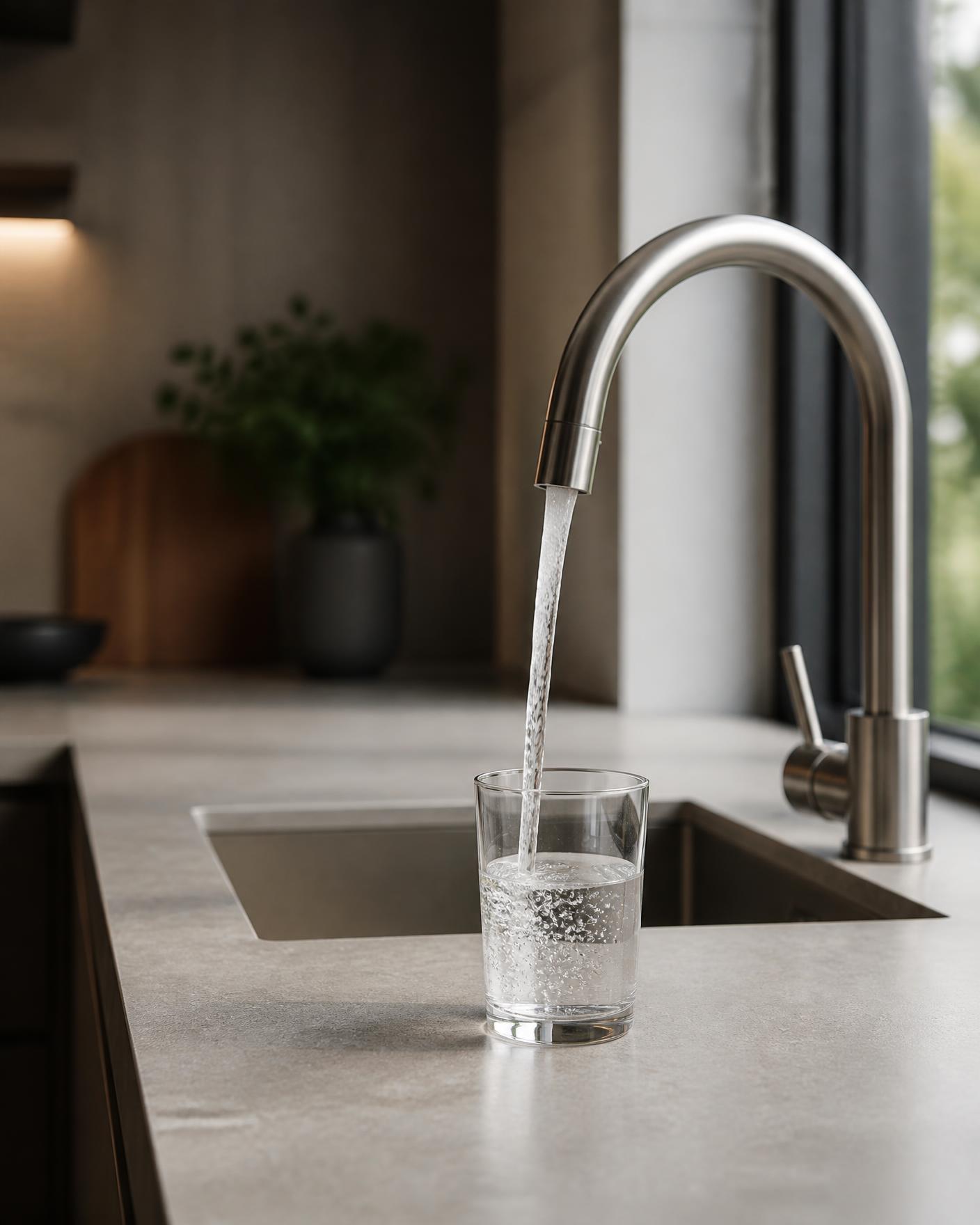 Filtered water filling a glass at a modern kitchen tap
