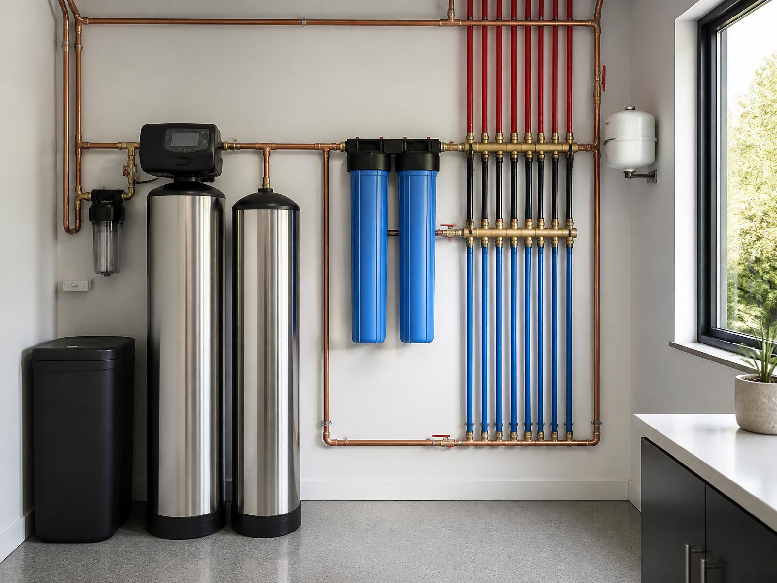Whole-home filtration equipment installed in a garage utility wall